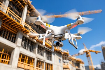 A drone flying over a construction site, collecting data for engineers to analyze and improve building designs