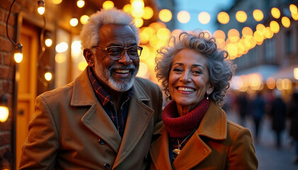 Happy senior African American couple enjoying a New Year street fair, surrounded by festive garlands and lights.






