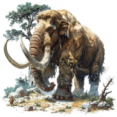 Fototapeta premium Woolly Mammoth in a prehistoric landscape with a human figure