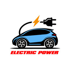 Blue Electric Car with Plug Vector Logo Concept 