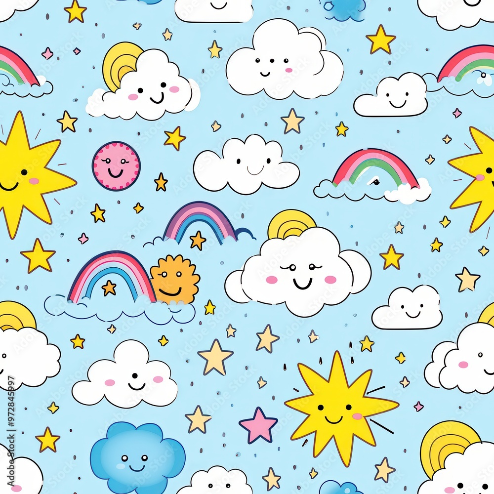 Sticker Cute Cartoon Cloud  Sun  Rainbow  and Stars Pattern