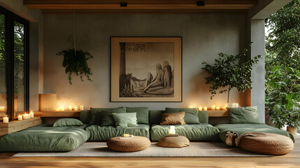 A cozy, modern living space with green cushions, plants, and candles for relaxation.