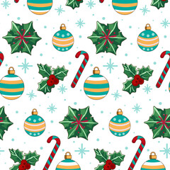 Christmas tree ornaments pattern. Winter holiday accessories. Seamless illustration for wrapping, packages and cards Gift boxes, Christmas tree, gingerbread, candy, holiday candles. Fun New Year's Eve