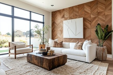 A photo of a mid-century modern interior in a living room with walls and sofas patterned using wood. Generative AI
