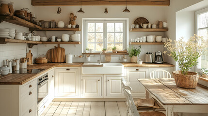 A cozy, rustic kitchen with wooden shelves, white dishes, and natural light.