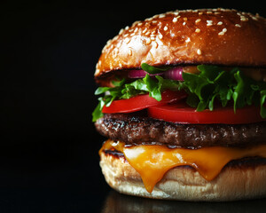 Gourmet burger with toppings including lettuce, tomato, and onion, placed on dark background. melted cheese adds delicious touch to this mouthwatering meal