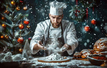 Professional chef preparing in a festive kitchen with Christmas decorations and holiday atmosphere