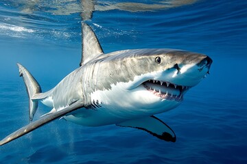 Fototapeta premium A great white shark cutting through the deep ocean, its dorsal fin visible above the surface as it patrols its territory