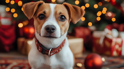 A cute dog sitting in front of a decorated Christmas tree with festive lights and ornaments.