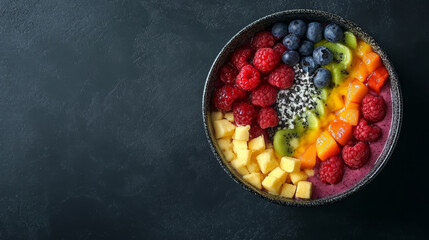 A vibrant smoothie bowl filled with fresh fruits like raspberries, blueberries, and kiwi, beautifully arranged for healthy and artistic presentation