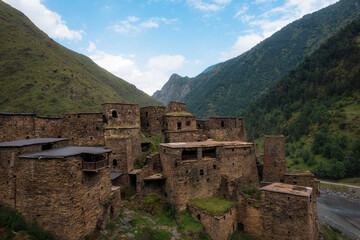 Stunning scenery of a mountain village built of stone. Shatili, Khevsureti, Georgia