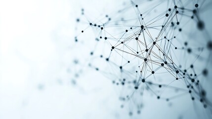 Abstract, geometric plexus network of dots and lines connecting to form a digital web, contrasted against a soft light background