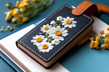A handmade bookmark decorated with pressed chamomile flowers, marking the pages of a favorite book