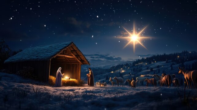 A peaceful nativity scene under a bright star in the sky.