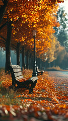 Autumn park bench with leaves