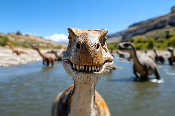 Fototapeta premium A herd of Parasaurolophus trumpeting to communicate across a wide river valley as they search for food