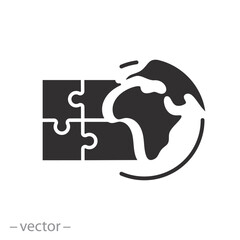 world map with puzzle icon, united international community, global business partnership, jigsaw planet earth, team work formation, flat vector illustration