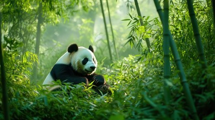 Obraz premium a serene scene of a panda bear sitting contentedly in a lush, green forest, gently munching on bamboo. 