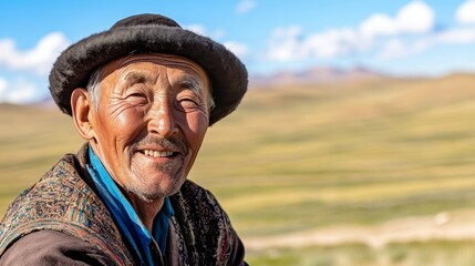 Serene Mongolian Elder in Traditional Deel Smiling Amidst Vast Steppe Beauty