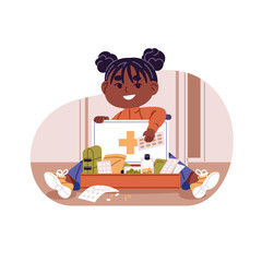 Cute little girl plays with first aid kit alone. Naughty kid has fun with different pills, drugs, remedies in medical box. Child dangers indoor. Flat isolated vector illustration on white background