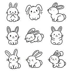 Bunny vector outline set. cute rabbit line art with different pose designs