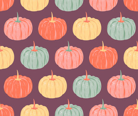 Seamless pattern of colorful pumpkins. Vector illustration in a vintage retro style on a pastel background. Halloween, Thanksgiving, harvest, autumn season fabric, packaging, wrapping paper, wallpaper