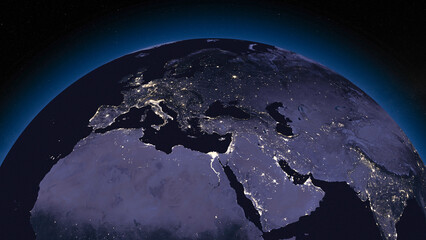 Earth globe by night focused on Europe and Middle East. Dark side of Earth with illuminated cities and stars of universe on background. Elements of this image furnished by NASA