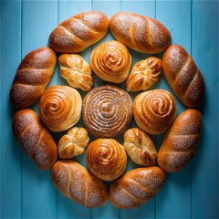 Fototapeta premium Assortment of freshly baked bread and pastries arranged in a circle on blue wooden table 