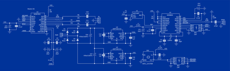 Technical schematic diagram of electronic device.
Vector drawing electrical circuit with controller, 
integrated circuit, capacitor, resistor, coil, diode,
other components.