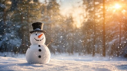 Obraz premium Magical winter backdrop featuring a snowman with a top hat, set against a snowy woodland.