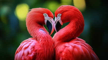 Fototapeta premium Two flamingos in a romantic pose, ideal for love birds, Valentine's Day and wedding decor. Design for Wall Art, Poster Print, Wallpaper & Background