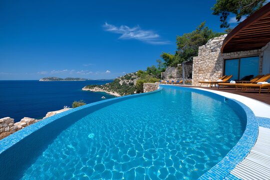 A luxurious resort pool overlooking the Aegean, with infinity edges that blend seamlessly with the blue of the sea and sky