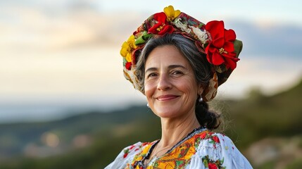 Authentic Joy - Middle-aged Portuguese Woman in Folk Costume Smiling Candidly by Beautiful Coastal Scenery