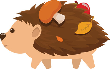 Cute cartoon hedgehog is walking with an apple and mushroom on its back