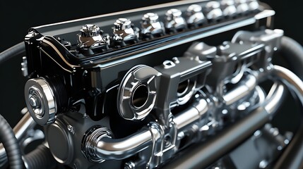 9. **Detailed 3D depiction of a V8 engine with exposed cylinder heads and exhaust manifolds