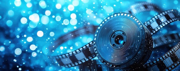 Video icon with film strips on a vibrant blue background representing creativity and cinematic storytelling