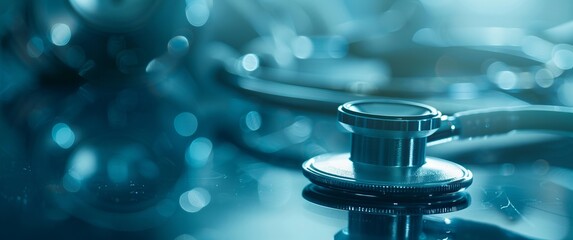Detailed Close-Up of a Stethoscope on a Reflective Surface in a Medical Setting