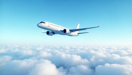 Passenger plane flying high above clouds, showcasing sleek design and expansive blue sky.






