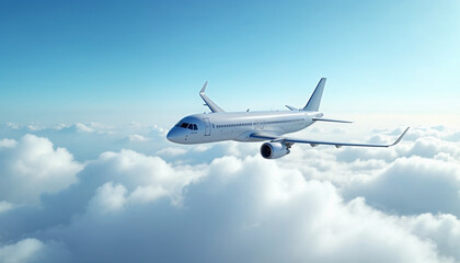 Obraz premium Passenger plane flying high above clouds, showcasing sleek design and expansive blue sky.