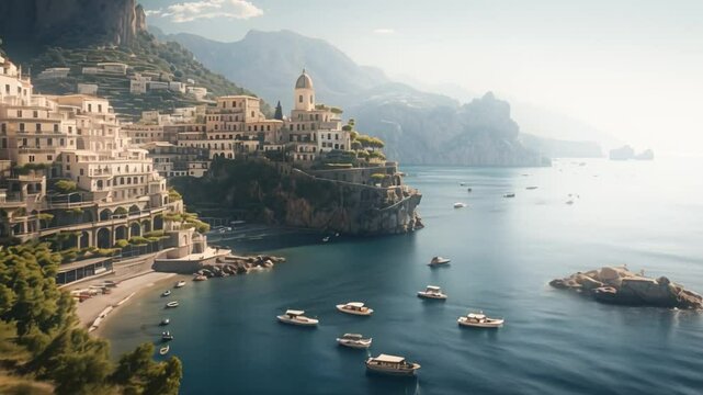 View over Position and the Tyrrhenian Sea, on the Mali Coast, in Campania, Italy Animation, 4k Video