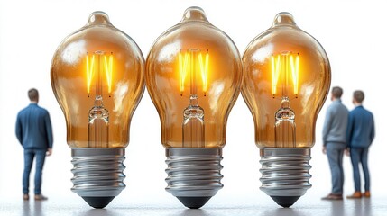 Two men stand before three illuminated light bulbs