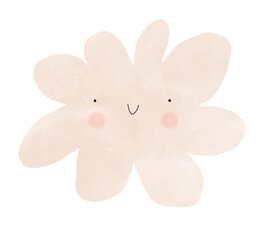 Cute Nursery Vector Print with Smiling Fluffy Cloud on a White Background. Infantile Drawing Style Cartoon ideal for Wall Art, Poster. Kids' Room Decoration. Happy Beige Cloud. Kawaii Art. 