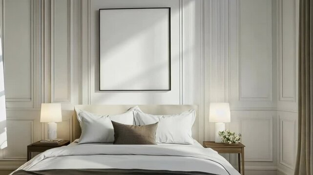 Minimalist empty room with a blank frame on the wall.