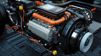 Fototapeta premium 5. **Detailed 3D render of a hybrid car engine with both electric and internal combustion components