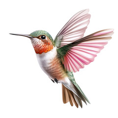 Fototapeta premium Vibrant hummingbird in mid-flight showcasing iridescent feathers and intricate wing patterns, perfect for nature enthusiasts.