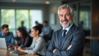 Middle-aged executive in a modern office, exuding confidence and leadership with a warm, inviting atmosphere.






