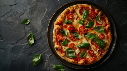 A pizza with basil and tomatoes on top of it