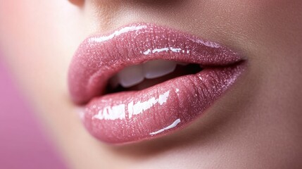 Obraz premium A close-up of pink lips with glossy lipstick, framed by soft blush on the cheeks, radiating femininity.