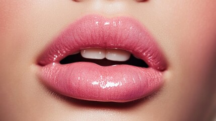 Fototapeta premium A close-up of pink lips with glossy lipstick, framed by soft blush on the cheeks, radiating femininity.