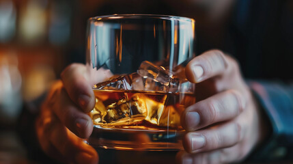 A man is holding a glass of whiskey with ice cubes in it